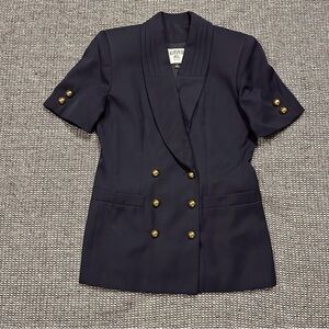 Kasper Vintage Navy Double-Breasted Short Sleeve Blazer with Gold Buttons